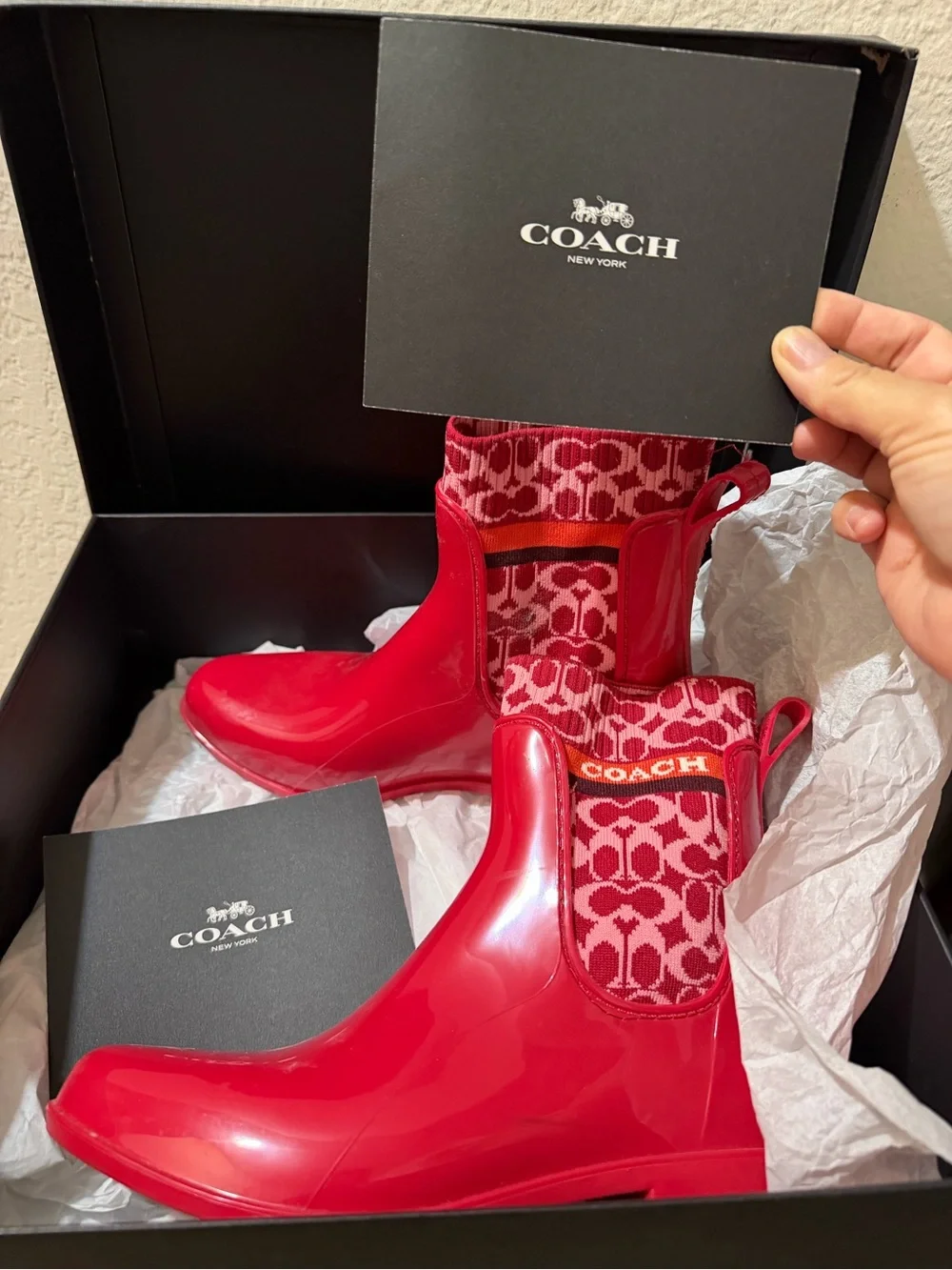 COACH Bright Red Gloss Chelsea Rain Boots with Signature Knit